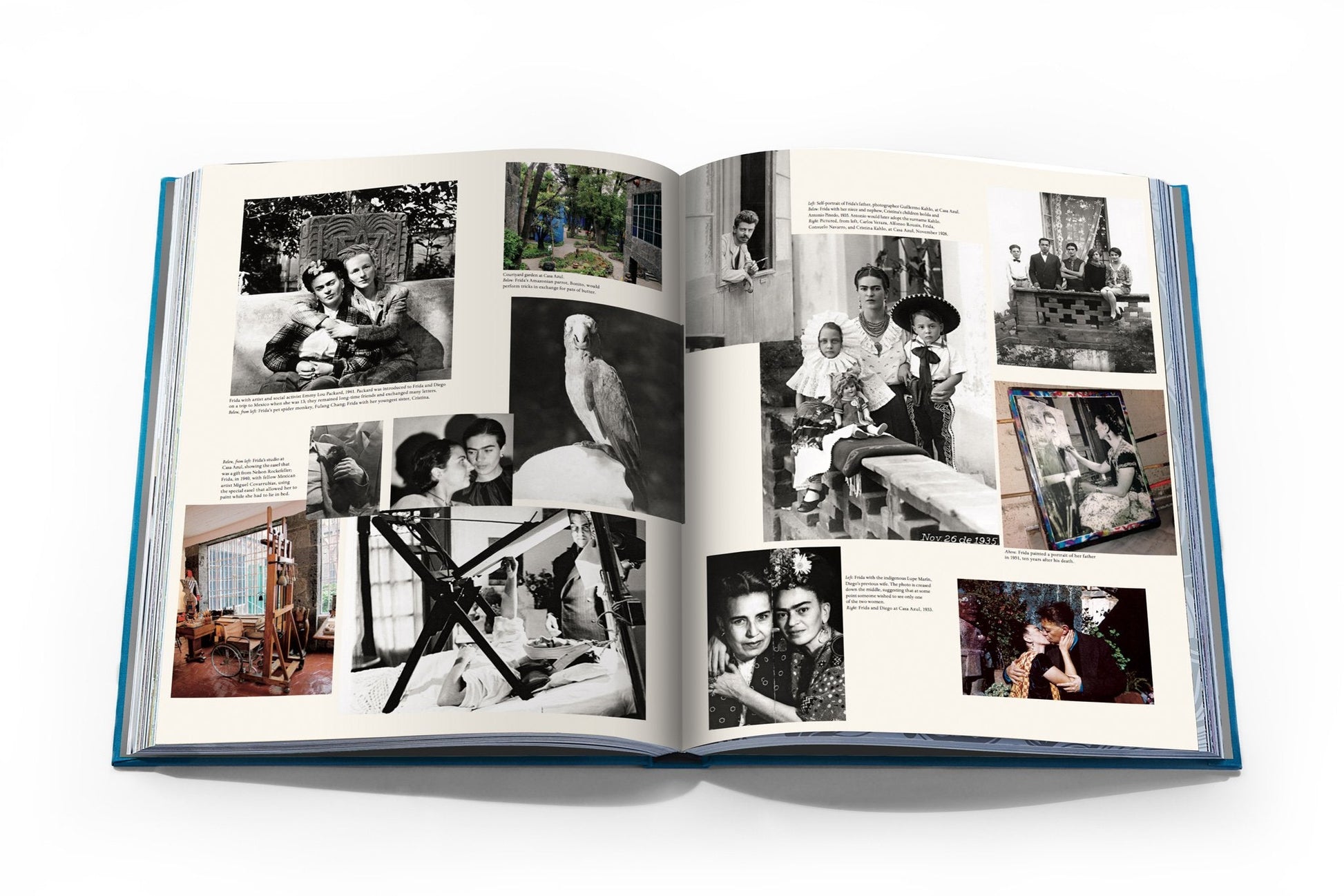The book "Frida Kahlo: Fashion As the Art of Being" by Assouline showcases a timeless collection of black and white images featuring people, a parrot, and artworks, with text interspersed among them to capture the spirit of an iconic artist.