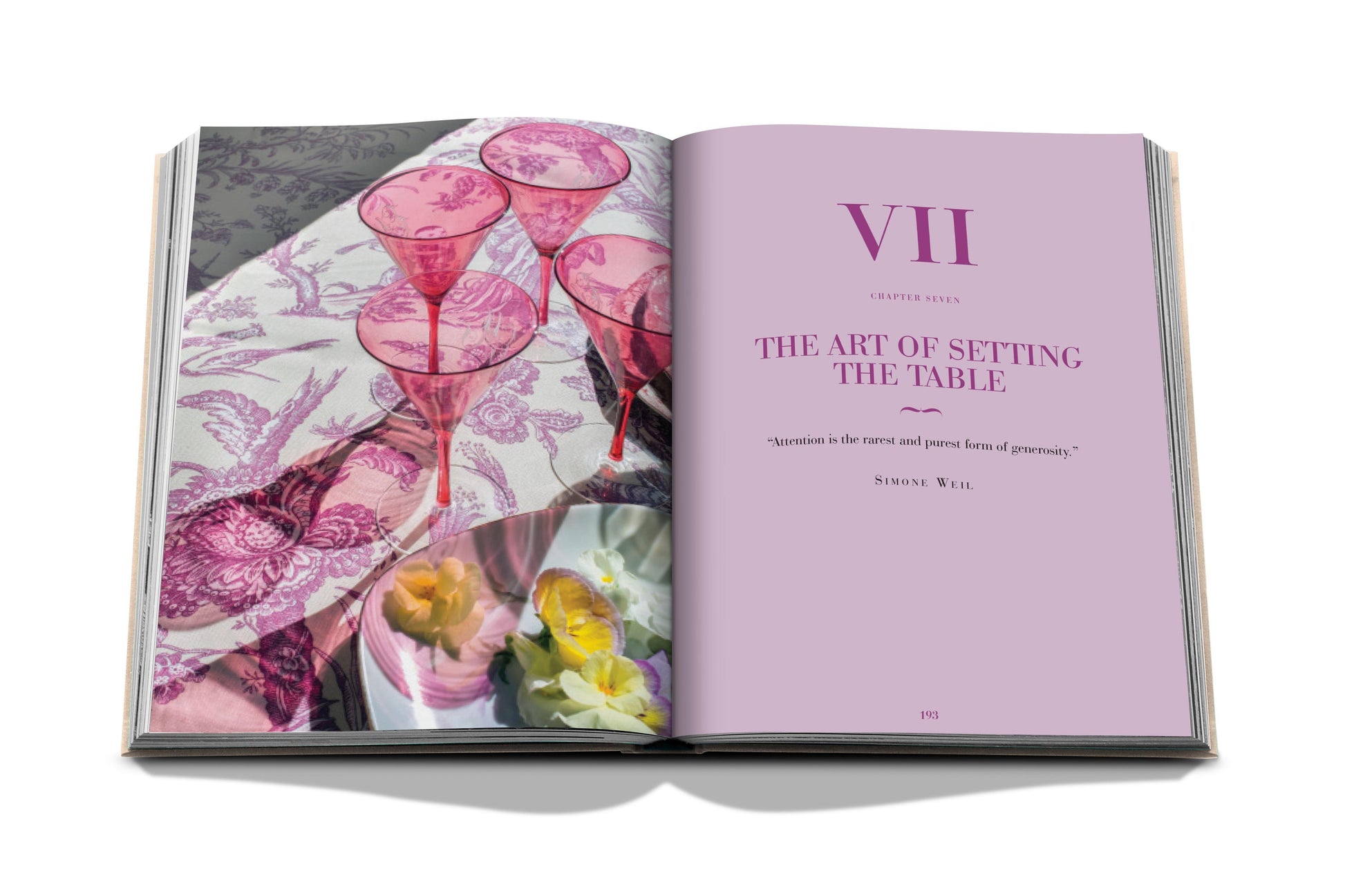 An open book showing Chapter Seven titled "The Art of Setting the Table" with a quote by Simone Weil on the right page and an image of pink glassware and flowers on a decorated tablecloth from Chateau Life by Assouline on the left page.