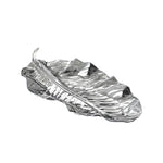 The Beatriz Ball Garden Zebra Leaf Platter is a silver-toned aluminum alloy tray, elegantly shaped like a detailed feather, displayed against a white background.
