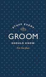 Blue book cover titled "Stuff Every Groom Should Know" by Common Ground featuring a pattern of white stars, a simple graphic of wedding bands, and tips on bachelor party planning.