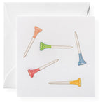 The Golf Clap Gift Enclosures by Karen Adams feature five colorful golf tees—red, orange, green, blue, and yellow—scattered on a white card, paired with a matching white envelope.