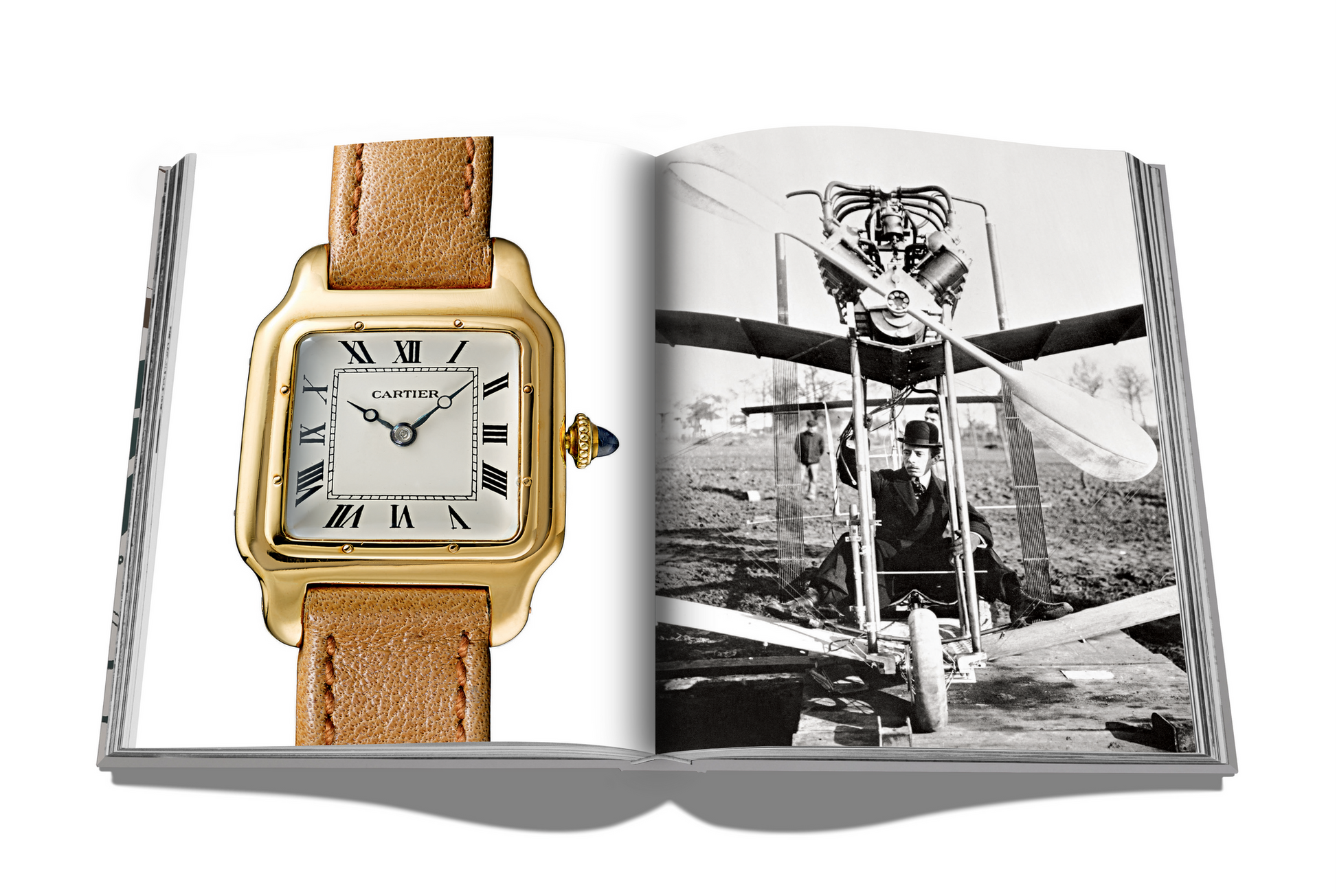 An open book reveals an Assouline masterpiece: "Watches: A Guide by Hodinkee," featuring a gold watch with a leather strap and a vintage photo of an aviator, ideal for vintage wristwatch enthusiasts.