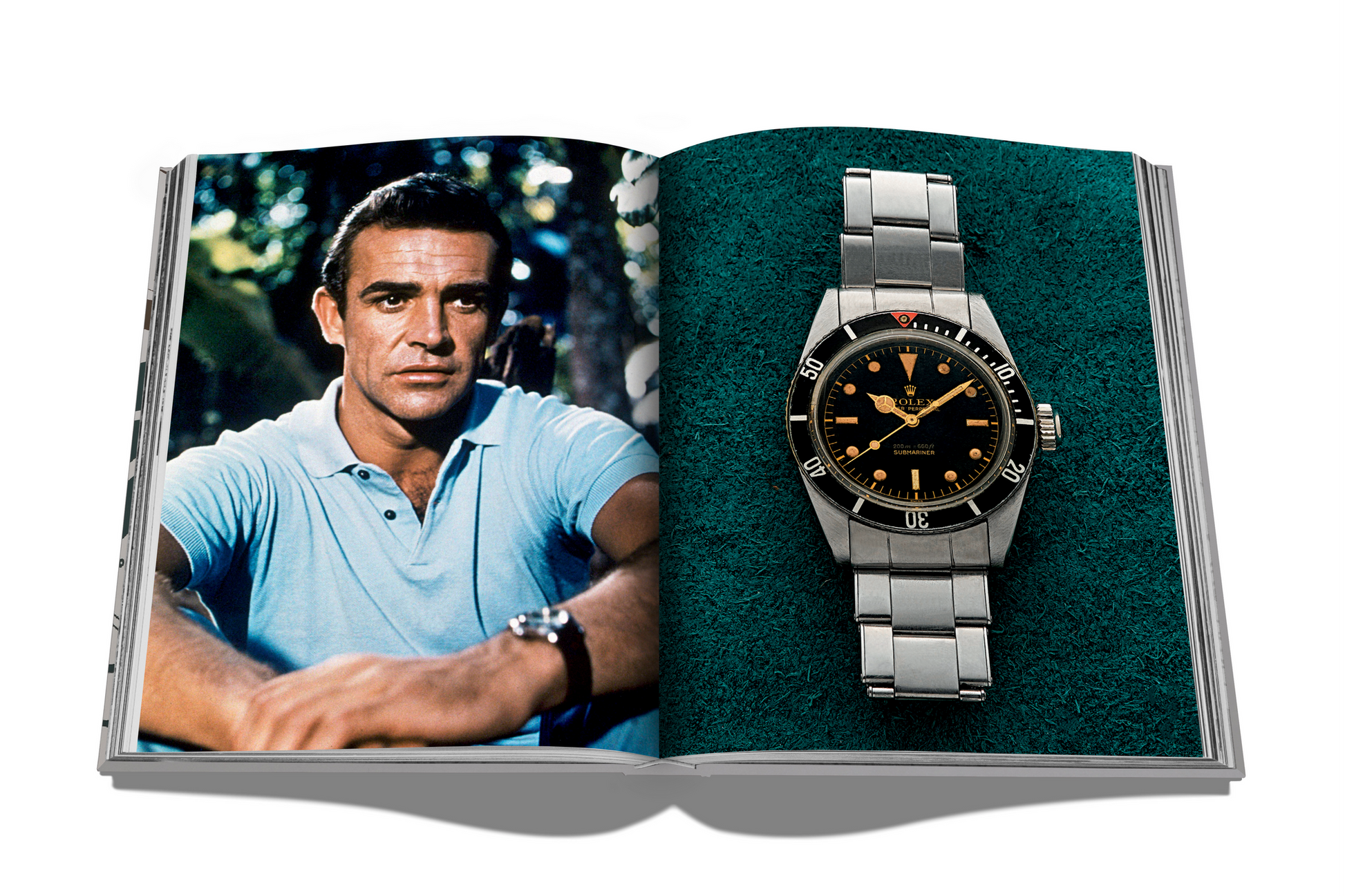 Open "Watches: A Guide by Hodinkee" featuring a man in a blue shirt on the left and a close-up of a silver wristwatch on the right—a captivating piece for vintage watch enthusiasts, elevating horological icons. Published by Assouline.