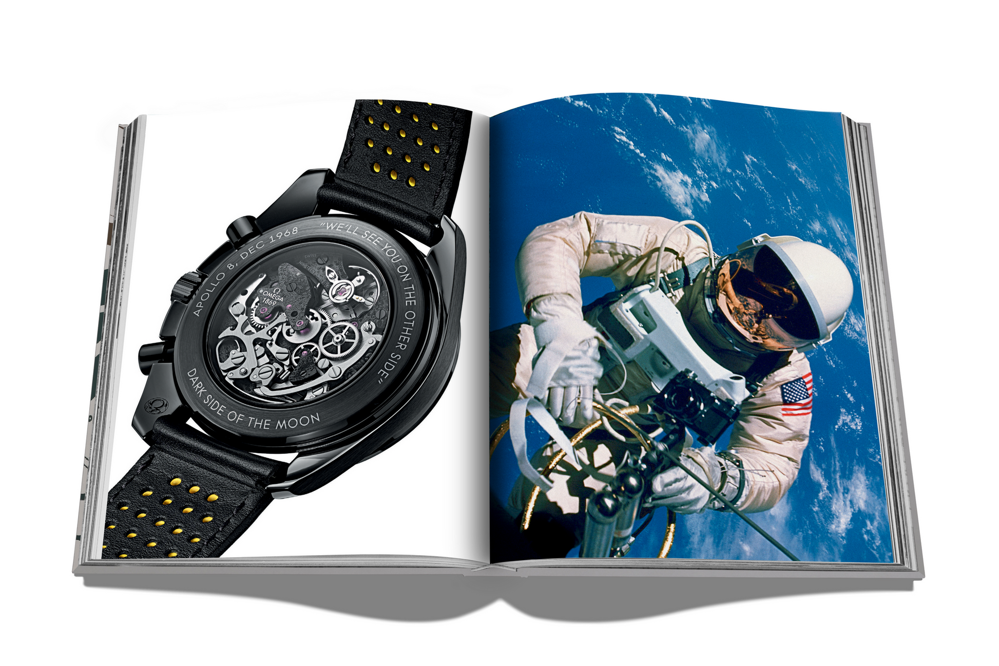 The book "Watches: A Guide by Hodinkee" by Assouline showcases detailed watch chronographs on one page and an astronaut in space on the other, creating a mesmerizing experience for vintage wristwatch enthusiasts.
