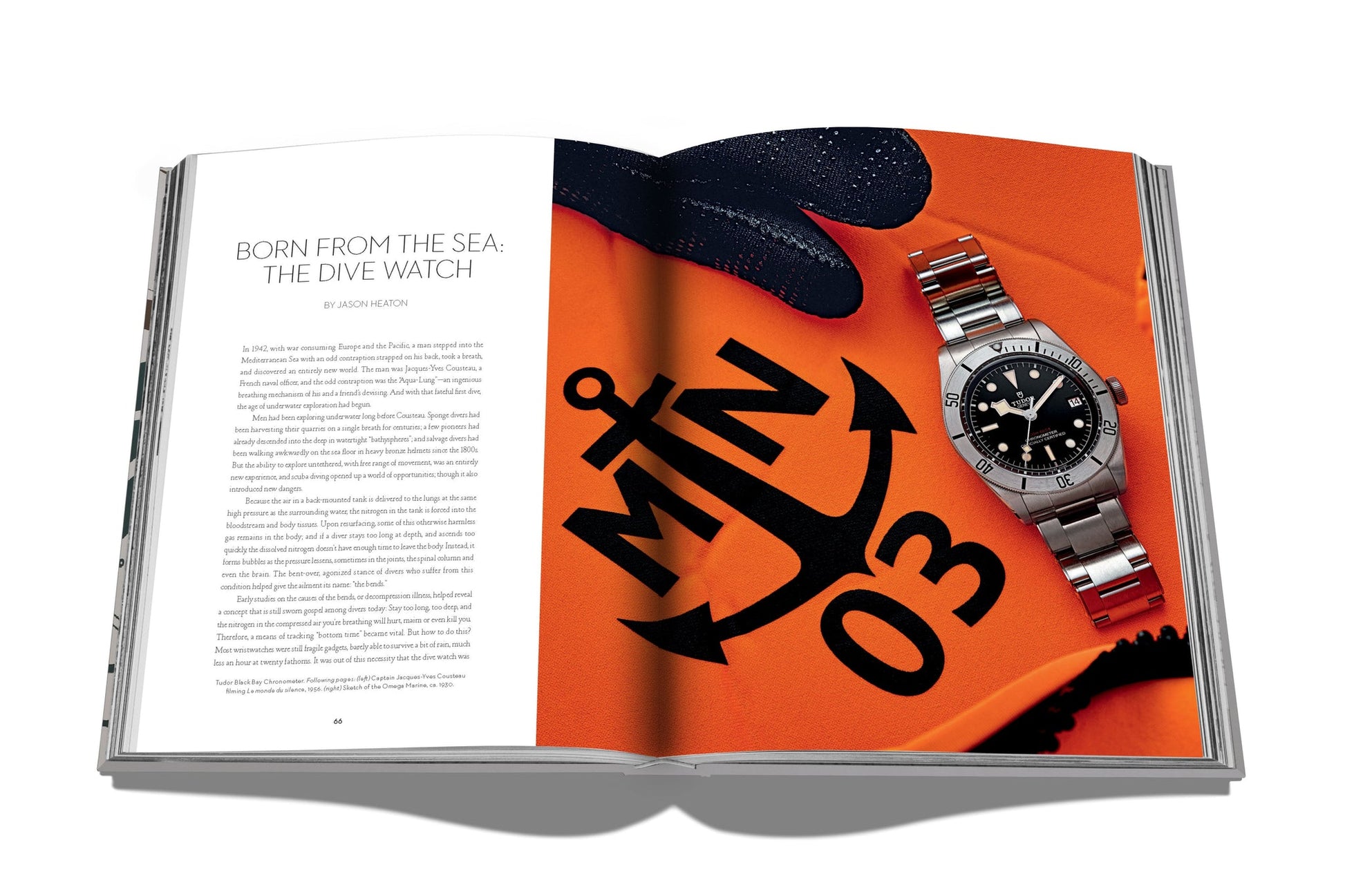 Magazine showcasing "Born From The Sea: The Dive Watch" in a vibrant orange backdrop features a silver dive watch and anchor graphic. It's an essential read for vintage wristwatch lovers, diving into horological icons, captured beautifully in Assouline's Watches: A Guide by Hodinkee.