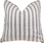 The Palazzo Stripe Brown Pillow by Hive Custom Pillows is expertly crafted with a square design, featuring vertical black and white stripes and small triangular accents for added style.