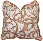 The Lilium Dusty Rose Pillow by Hive Custom Pillows is a handmade USA creation, featuring a brown abstract pattern with a pinkish-brown border and filled with 100% down.