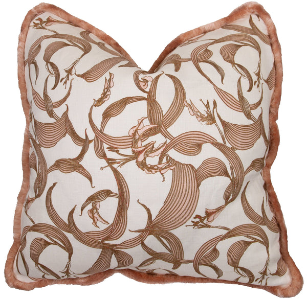 Decorative handmade Lilium Dusty Rose Pillow with brown floral patterns on a light background, featuring a fringed edge and down-filled for added comfort by Associated Design.