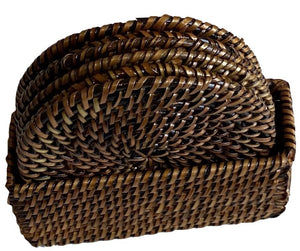 The Calaisio Rattan Coaster Set features round coasters in a matching rectangular holder, handcrafted from durable brown wicker water-vines by skilled artisans.