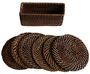 The Calaisio Rattan Coaster Set features five round coasters expertly handcrafted by artisans from remote villages using dark brown water-vines, elegantly displayed with a rectangular woven basket.