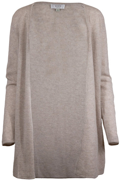 A cozy HIVE Cashmere Long Cardigan in sustainable beige.