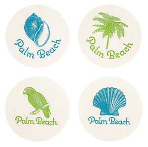 Set of four Palm Beach Coasters by Haute Papier, each round and letterpressed with "Palm Beach" text plus unique blue and green designs: conch shell, palm tree, parrot, and scallop shell. A chic hostess gift.