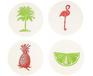 Haute Papier’s Palm Coasters set features four round letterpressed designs: green palm tree, red flamingo, red pineapple, and green lime slice—perfect as a fun home accent or thoughtful hostess gift.
