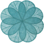 The Sinamay Flower Placemat Collection Set by Deborah Rhodes features teal, flower-shaped placemats with overlapping petals and visible stitching, crafted from sheer woven abaca fibers, shown on a white background.