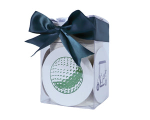 Haute Papier’s Golf Coasters feature golf-themed letterpress designs and come in a clear gift box tied with a dark green satin bow—making them a perfect ready-to-go or hostess gift.