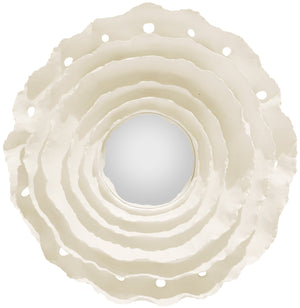 A circular mirror with a layered, sculpted white frame resembling petals, reminiscent of a Carol Canner design, called the Sunwave Mirror in White Gesso by Carver's Guild.