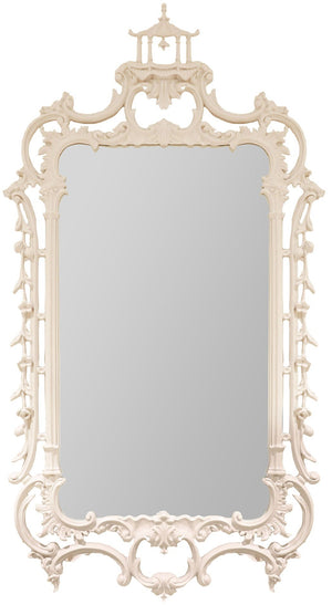 The Grand Pagoda Chippendale Mirror by Carver's Guild is an ornate rectangular mirror with a white frame showcasing carved scrollwork, floral details, and elegant acanthus leaves for timeless sophistication.