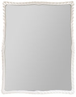 A square mirror with a white, wavy frame and a reflective surface exudes Carver's Guild's elegant simplicity, embodying the charm of an Ebb & Flow Mirror.