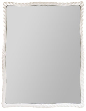 A square mirror with a white, wavy frame and a reflective surface exudes Carver's Guild's elegant simplicity, embodying the charm of an Ebb & Flow Mirror.
