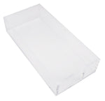 The Skinny Lucite Notepad Holder by Black Ink is a clear rectangular tray with an open top, custom made and shown at a slight angle on a white background.