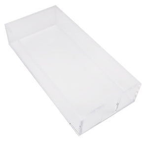 The Skinny Lucite Notepad Holder by Black Ink is a clear rectangular tray with an open top, custom made and shown at a slight angle on a white background.