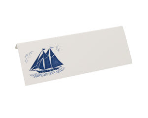 The Schooner Place Card by Printery features a detailed navy schooner illustration on bone white card stock.