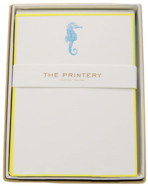 The Printery Seahorse Card Set features vertical bone white cards with a Pacific Blue seahorse illustration, wrapped in a band labeled "The Printery Oyster Bay • New York.