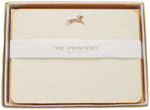 The Equestrian Card Set by Printery includes horizontal ecru cards with a brown equestrian logo and "THE PRINTERY OYSTER BAY · NEW YORK" band, plus matching orange tissue envelopes for a refined finish.