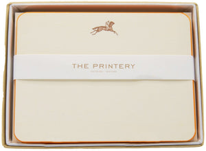 The Equestrian Card Set by Printery includes horizontal ecru cards with a brown equestrian logo and "THE PRINTERY OYSTER BAY · NEW YORK" band, plus matching orange tissue envelopes for a refined finish.
