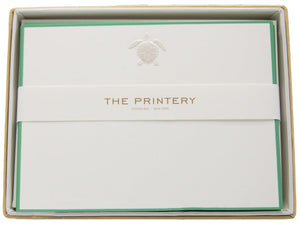The Printery Turtle Card Set features white stationery with bevelled edges, a subtle turtle emboss, and a band marked "Printery, Oyster Bay, New York.