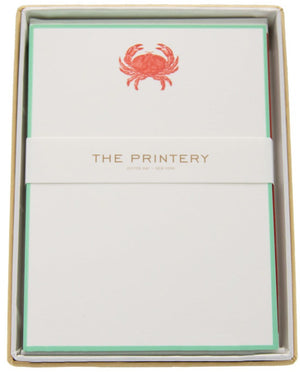 The Crab Card Set by Printery features bright white cards with a red crab illustration at the top, seafoam green borders, and "PRINTERY" printed on a band around the set.