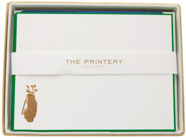 The Printery - Note Card Box Set, Golf Bag, featuring vivid green border and bright white horizontal cards.