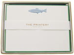 The Printery Fish Card Set includes bone white cards with a metallic blue fish illustration and "THE PRINTERY OYSTER BAY NEW YORK" on a white band, paired with matching midnight blue envelopes.
