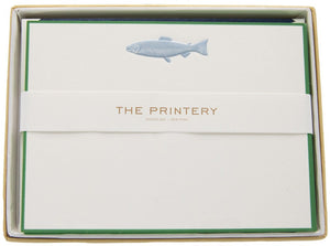 The Printery Fish Card Set includes bone white cards with a metallic blue fish illustration and "THE PRINTERY OYSTER BAY NEW YORK" on a white band, paired with matching midnight blue envelopes.