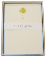 Boxed Palm Tree Card Set by Printery: vertical ecru cards with a chartreuse palm tree illustration and a band labeled "Printery Oyster Bay, New York.