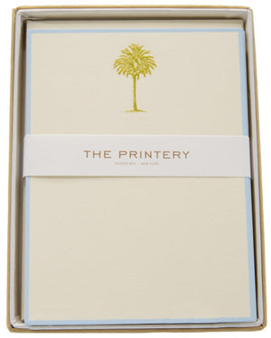 Boxed Palm Tree Card Set by Printery: vertical ecru cards with a chartreuse palm tree illustration and a band labeled "Printery Oyster Bay, New York.