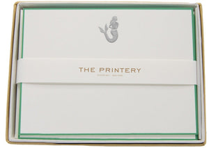 The Mermaid Card Set by Printery features a seafoam green border, mermaid illustration at the top, a gold "PRINTERY" paper band, and includes azure tissue envelopes for an elegant touch.