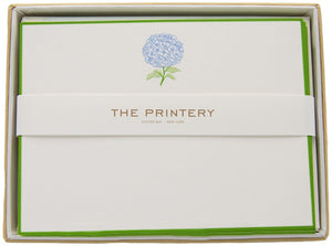 The Printery Blue Green Hydrangea Card Set includes bright white cards with a blue/green hydrangea design at the top and envelopes lined with pale blue tissue.