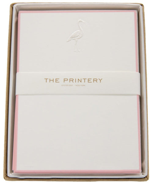 The Printery - Note Card Box Set, Pink Stork notepad in a white box with a pink flamingo on it is perfect for adding a touch of elegance to your stationery collection.