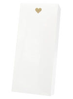 The Heart Skinny Notepad by Black Ink comes in a tall, smooth white rectangular cardstock box, featuring a small gold heart near the top center.