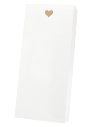 The Heart Skinny Notepad by Black Ink comes in a tall, smooth white rectangular cardstock box, featuring a small gold heart near the top center.
