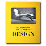 Assouline's "The Impossible Collection of Design" features a cover with a black-and-white image of a modern chaise lounge set against a yellow background, celebrating iconic twentieth-century design.