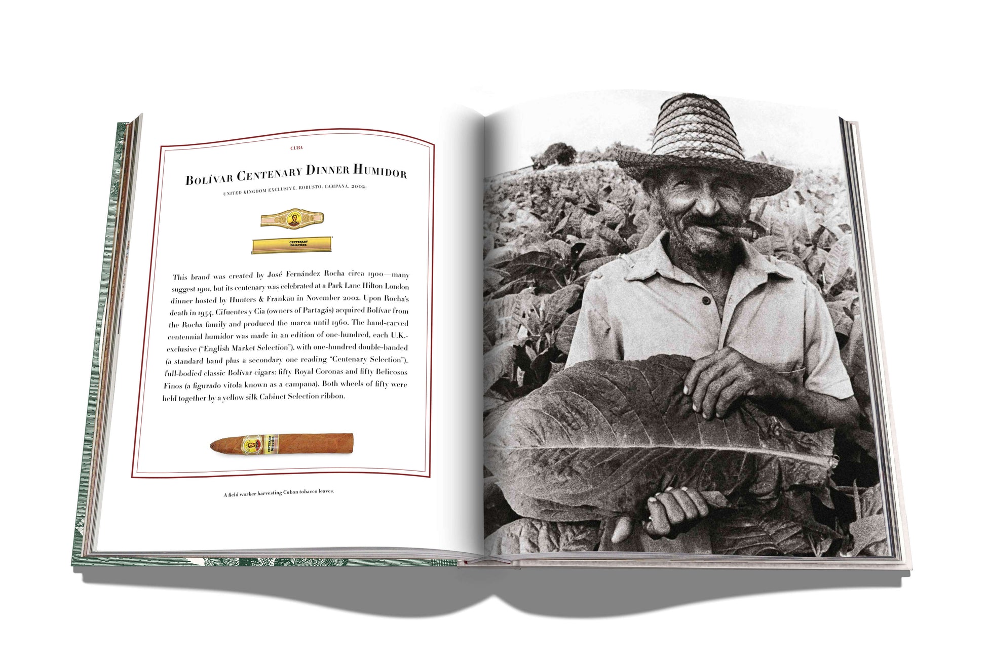 An open book features "The Impossible Collection of Cigars" by Assouline, showcasing a cigar guide on the left and a black-and-white photo of a smiling man in a straw hat with a large tobacco leaf, representing prestigious makers in the Ultimate Collection.