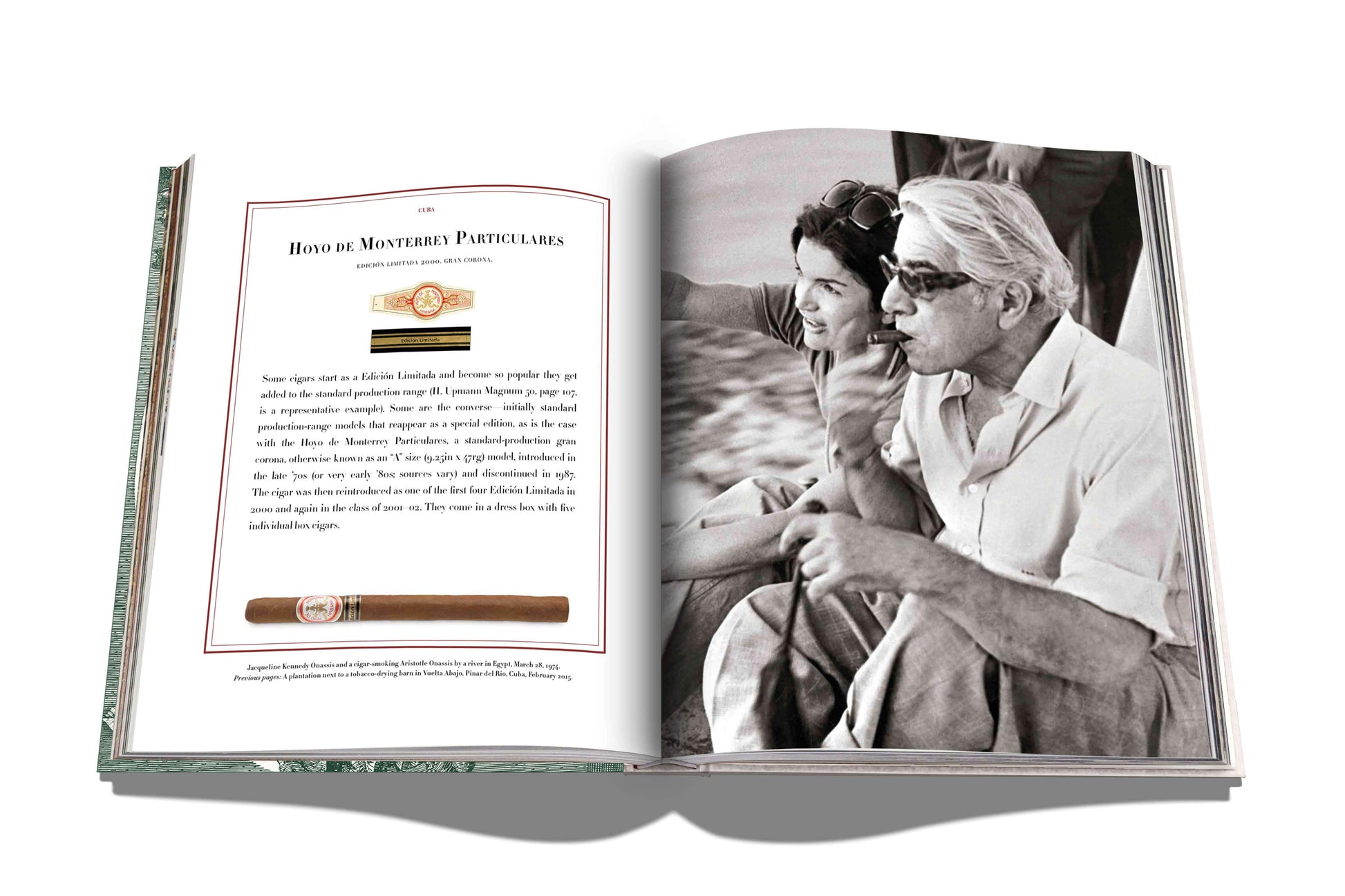 An open book reveals a page describing "The Impossible Collection of Cigars" by Assouline, paired with a vintage photo of two people outdoors. This piece is part of the Ultimate Collection, crafted by prestigious makers, capturing timeless elegance.