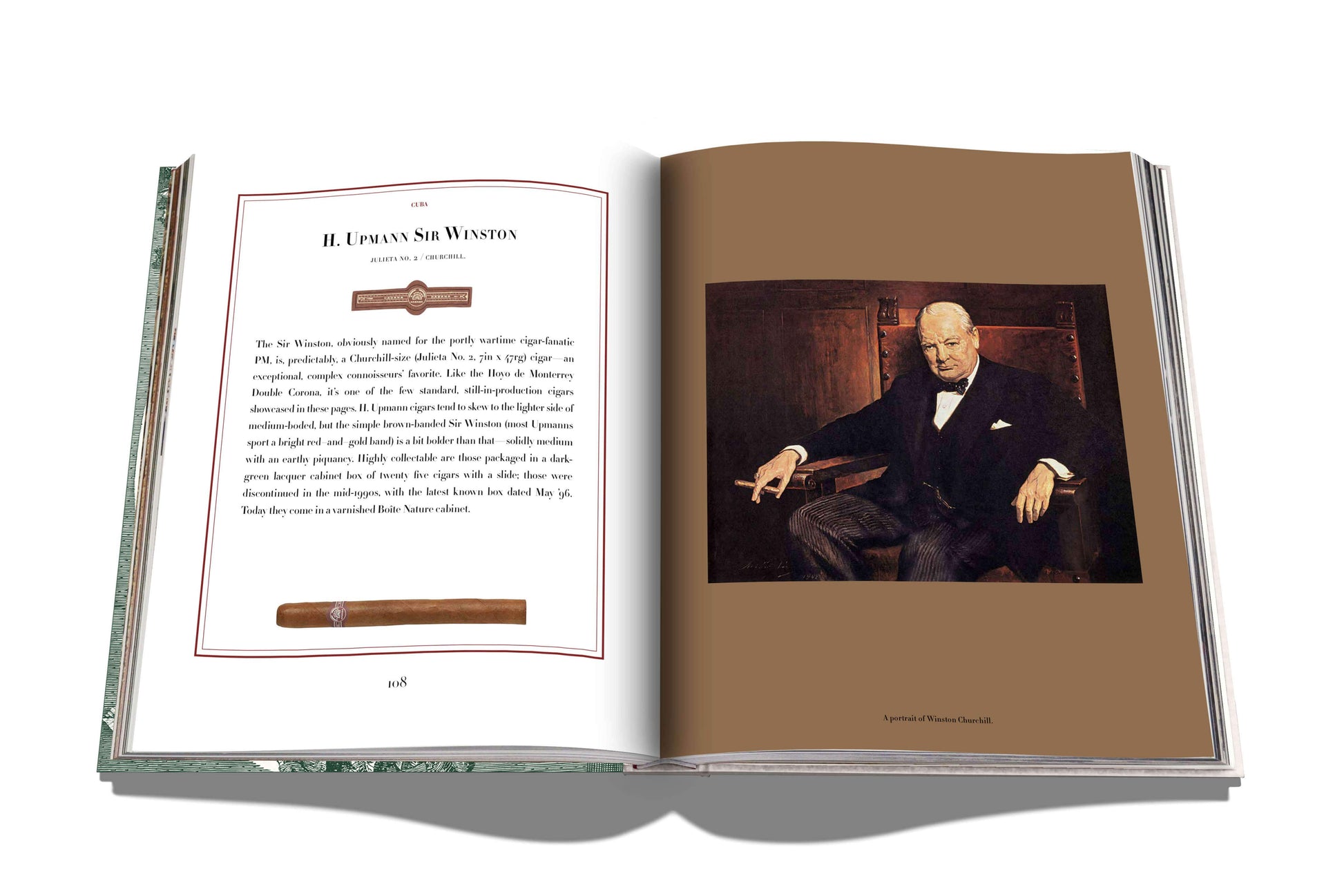 An open book from Assouline, "The Impossible Collection of Cigars," showcases a page dedicated to the prestigious makers behind H. Upmann Sir Winston, with text on the left and an illustration of a seated man enjoying remarkable cigars on the right.