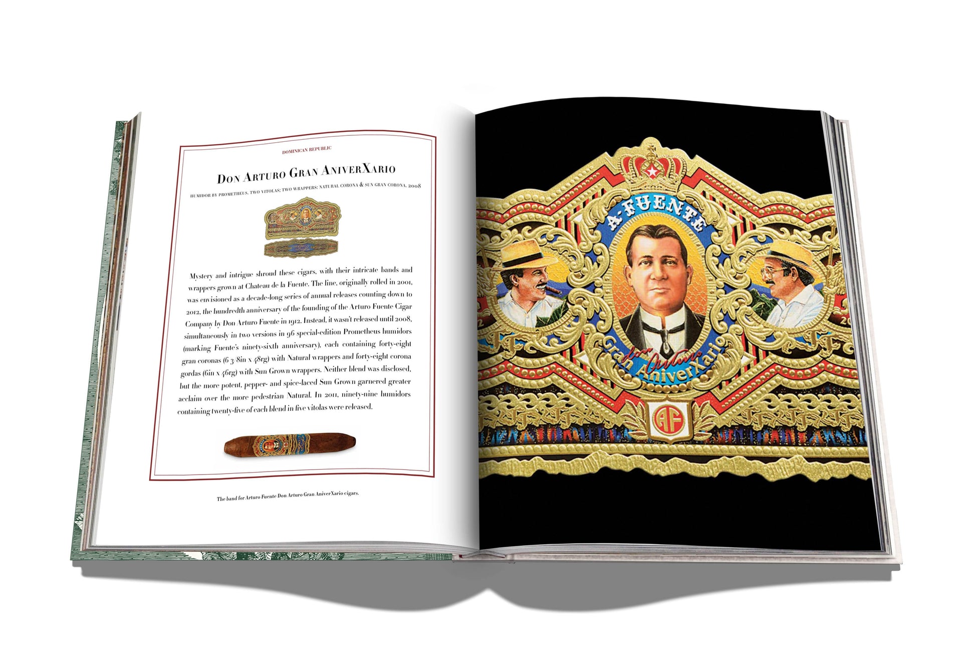 An open book reveals "The Impossible Collection of Cigars" by Assouline. The right page displays detailed cigar packaging illustrations by esteemed makers, while the left page features descriptive text and a small image highlighting their exceptional cigars.