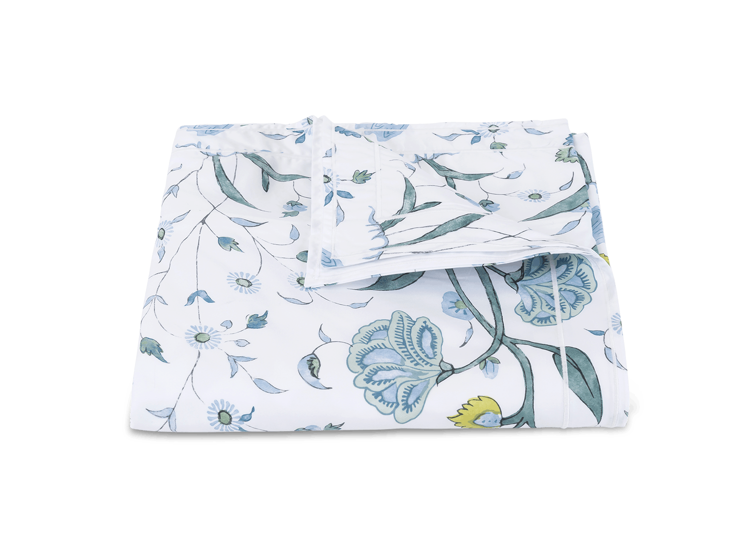 Folded blue and white floral print Matouk Schumacher Bedding Collection, Khilana fabric from the Matouk collection on a green background.