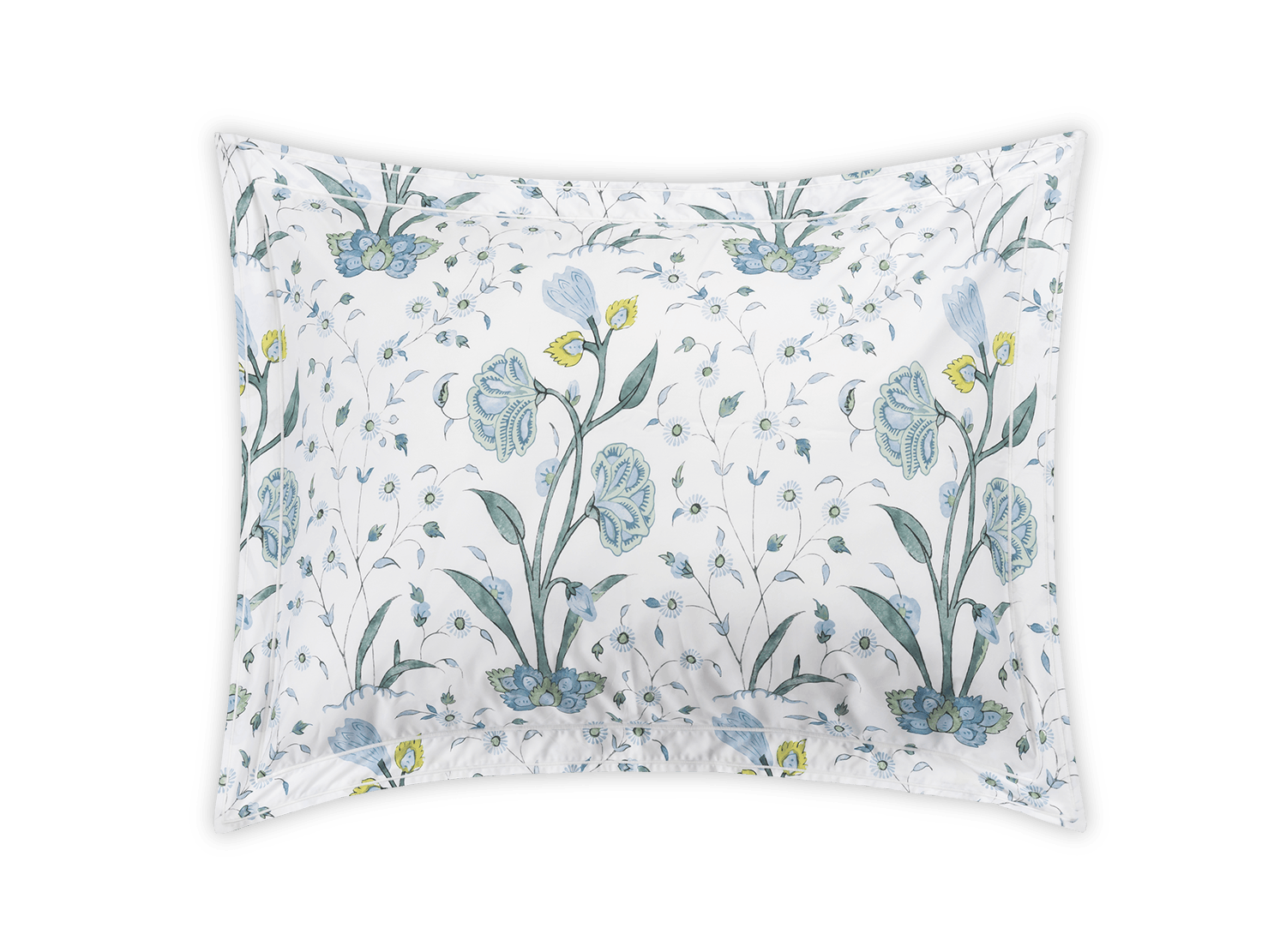 The Schumacher Khilana Bedding Collection by Matouk features a rectangular pillowcase with a white base, vivid blue and yellow floral prints inspired by Khilana hand-block textiles, and a bold black border.