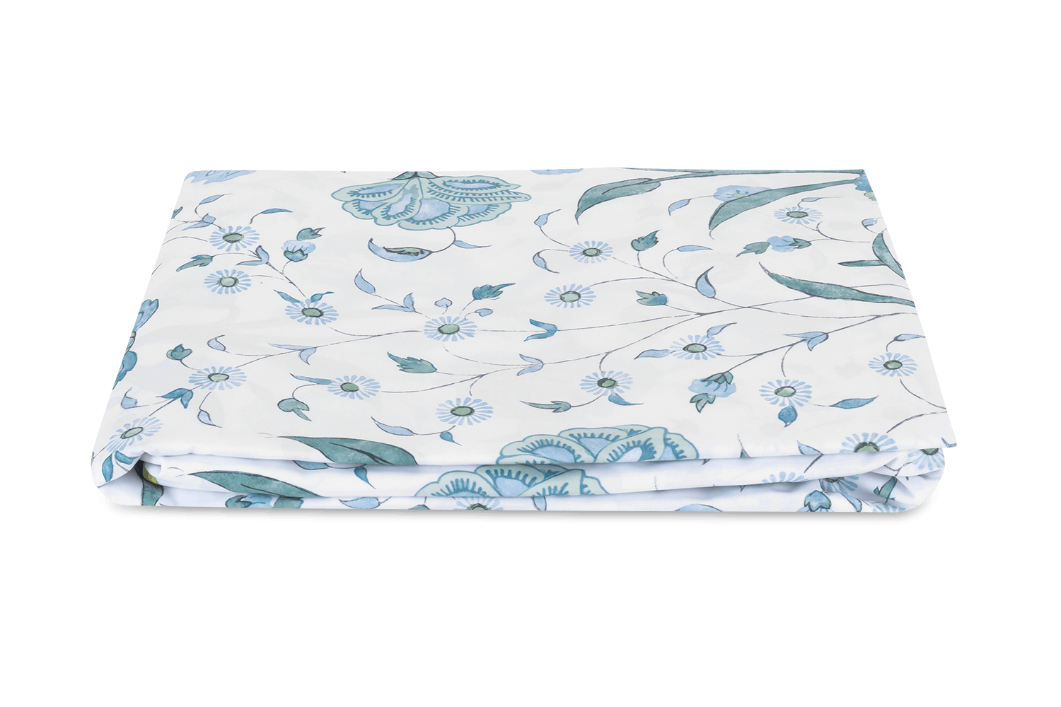 Folded fabric with a floral pattern on a plain background from the Matouk Schumacher Bedding Collection, Khilana.