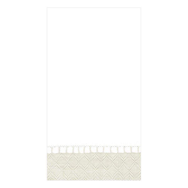 A Caspari Linen Border Natural guest towel with tassels on it, measuring 4.25" x 7.75".